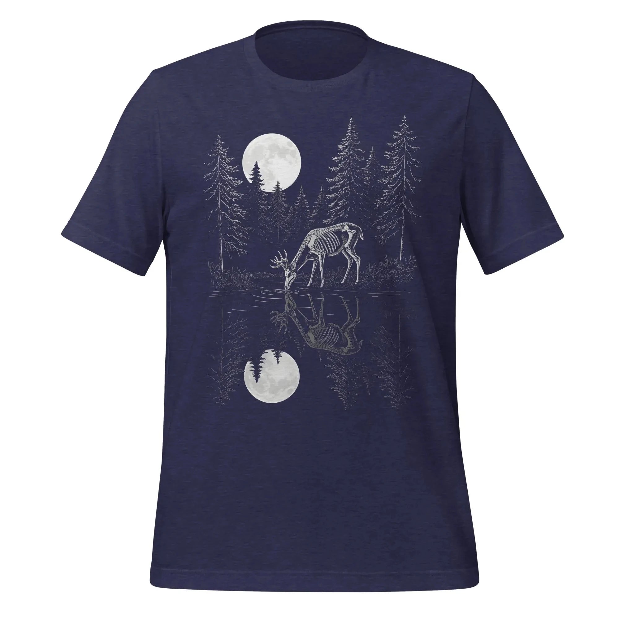 HOT SALE Moonlight Lake View Skeleton Tee - Deer Bone Forest Reflection Scene Tee Image T-shirt Graphic Fashion Casual Soft Tees