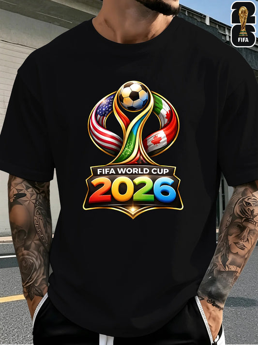[FIFA World Cup Licensed] 1pc 2026 World Cup FIFA Football-Themed Printed Men'S Short-Sleeve T-Shirt, Perfect for Summer Outings And Stylish Outdoor Apparel, Suitable for Both Men And Women, Great As Birthday Gift, Present for Friends Family