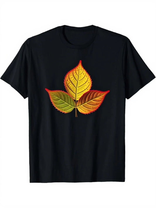 Vintage Men's Black Graphic T-Shirt Autumn Leaf Trio Red Orange Yellow Botanical Nature Illustration Print 100% Cotton Heavyweight Short Sleeve Casual Streetwear Tee