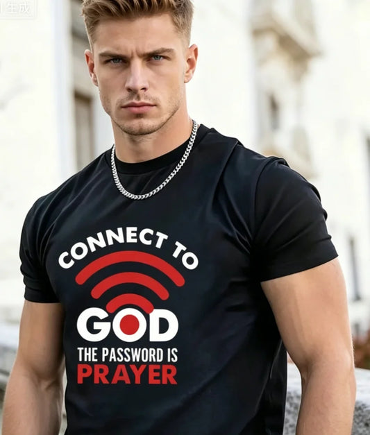 Connect To GOD Men's Printed Slogan Graphic Round Neck Short Sleeve T-Shirt Summer Comfortable Casual Short Sleeve T-Shirt