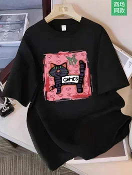 Men's and Women's Matching Summer Creative Cat Print Pure Cotton Casual Short-Sleeved T-Shirt Oversized T Shirt Men Clothing