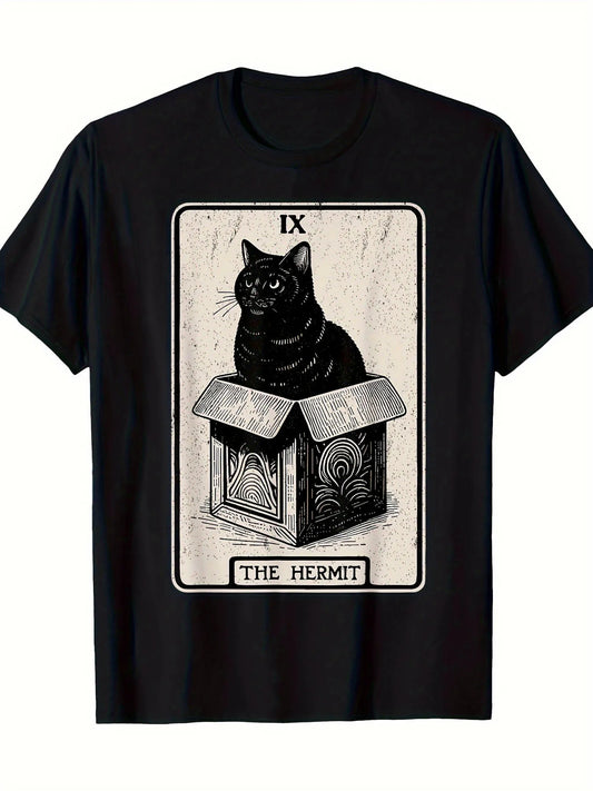 Vintage Men's Black Graphic T-Shirt Black Cat Printed in Cardboard Box Distressed Tarot Card Style Letter Print 100% Cotton Heavyweight Short Sleeve Casual Streetwear Tee