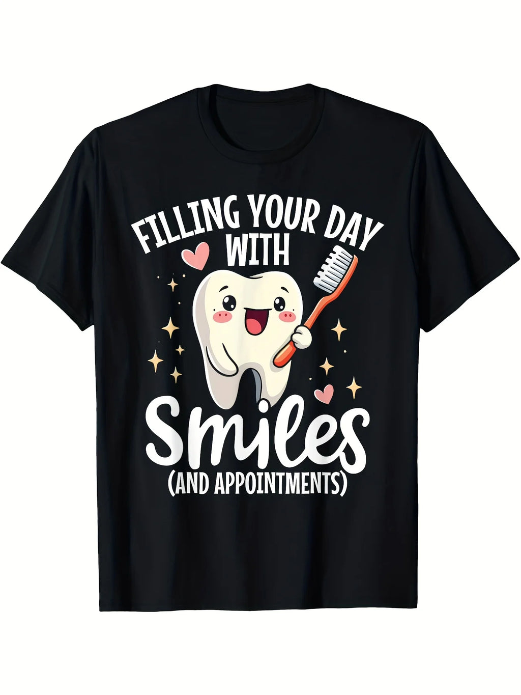 Cute T-Shirt for Dental Receptionists Featuring a Tooth Design, 180G, Classic Retro Style, Round Neck with Short Sleeves, Machine Washable, Perfect for Casual Sportswear, Comfortable Graphic Print Tee