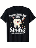 Cute T-Shirt for Dental Receptionists Featuring a Tooth Design, 180G, Classic Retro Style, Round Neck with Short Sleeves, Machine Washable, Perfect for Casual Sportswear, Comfortable Graphic Print Tee