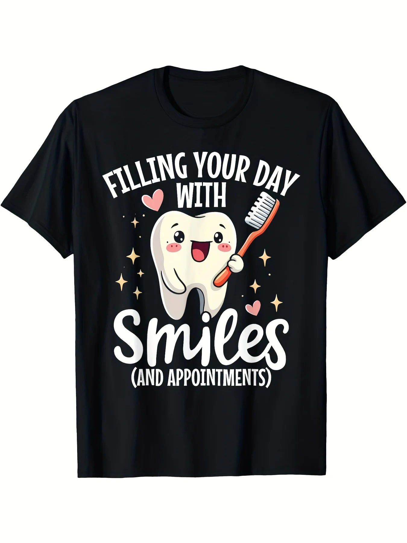 Cute T-Shirt for Dental Receptionists Featuring a Tooth Design, 180G, Classic Retro Style, Round Neck with Short Sleeves, Machine Washable, Perfect for Casual Sportswear, Comfortable Graphic Print Tee