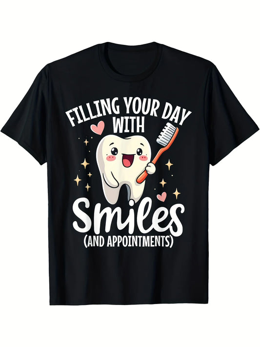 Cute T-Shirt for Dental Receptionists Featuring a Tooth Design, 180G, Classic Retro Style, Round Neck with Short Sleeves, Machine Washable, Perfect for Casual Sportswear, Comfortable Graphic Print Tee