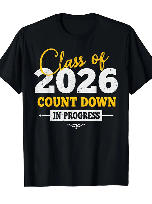 Trendy Men's Black Graphic T-Shirt Class of 2026 Count down in Progress Bold Letter Print Graduation Countdown Slogan 100% Cotton Heavyweight Short Sleeve Casual Streetwear Tee