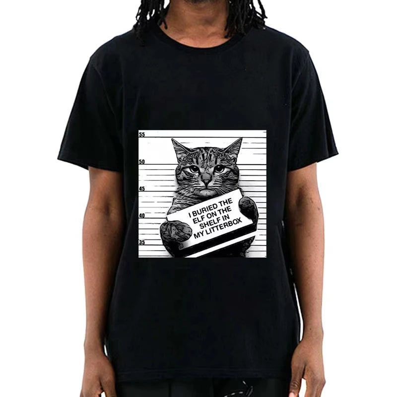 HOT SALE Funny Crime Cat Print Casual O Collar Loose Men T Shirt Summer Humor Unisex Short Sleeve Casual Creative Streetwear Top