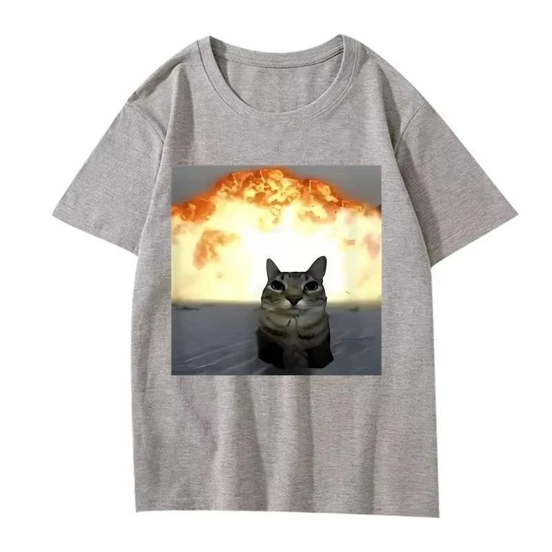 Whimsical Cat Explosion Graphic T Shirt Men Women Funny Hot Sale Short Sleeve Summer Print Unisex Tops Hot Emoji Printed