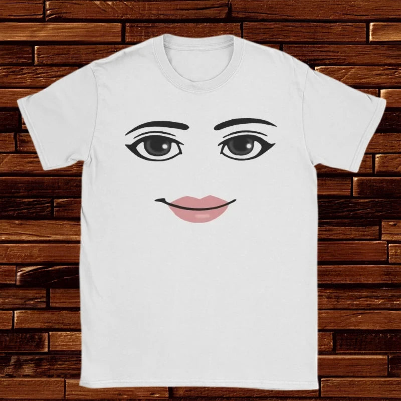 Men's Summer  Pure Cotton Top Robloxs Robot Novel Female Face Game Meme T-shirt Round-neck Short-sleeved Dress for Both Men