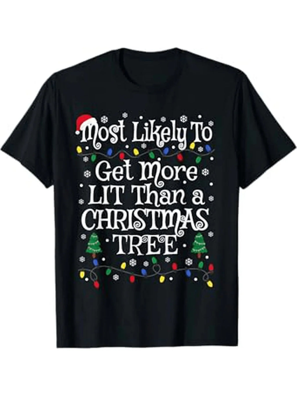 Funny Men's Black Graphic T-Shirt Festive Light String Snowflake Tree Hat Lit Slogan Holiday Typography Print 100% Cotton Heavyweight Short Sleeve Casual Streetwear Tee