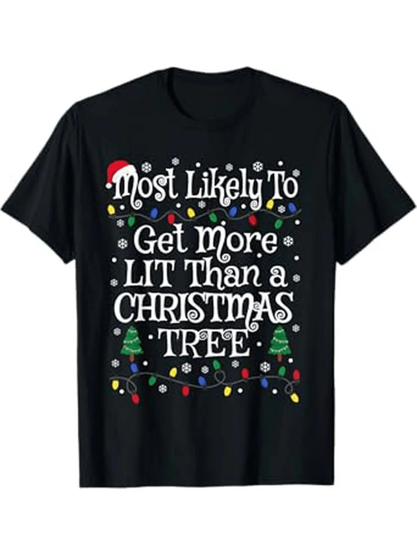 Funny Men's Black Graphic T-Shirt Festive Light String Snowflake Tree Hat Lit Slogan Holiday Typography Print 100% Cotton Heavyweight Short Sleeve Casual Streetwear Tee