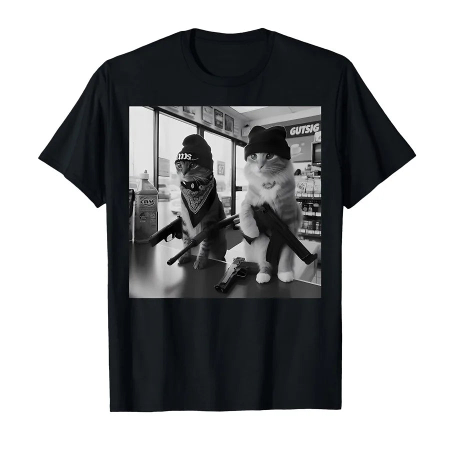 HOT SALE in Summer Funny Gangster Cats Street T-shirt for Men Women 100% Cotton T Shirts Short Sleeve Tops Soft and Comfortable