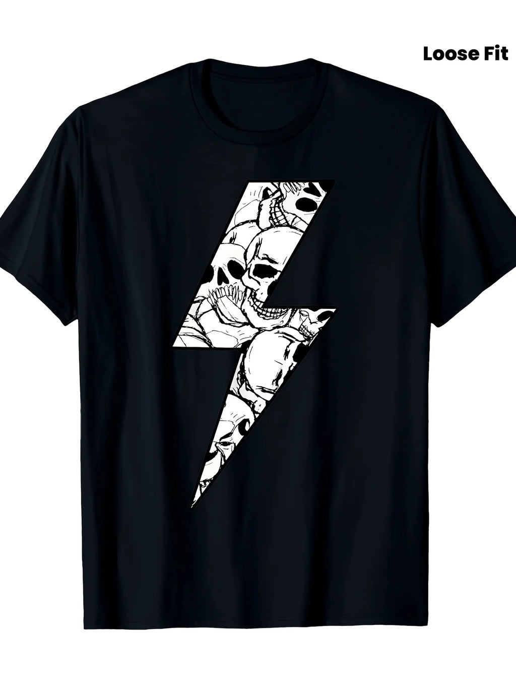 Men's Skull And Lightning Bolt Graphic TShirt Breathable Loose Fit Crew Neck Tee Black with White Skull And Bolt Print Machine Washable Summer Casual Shirt Perfect Gift for Men Sku FRetro Casual Short-sleeved T-shirt with a Round Neck and Printed