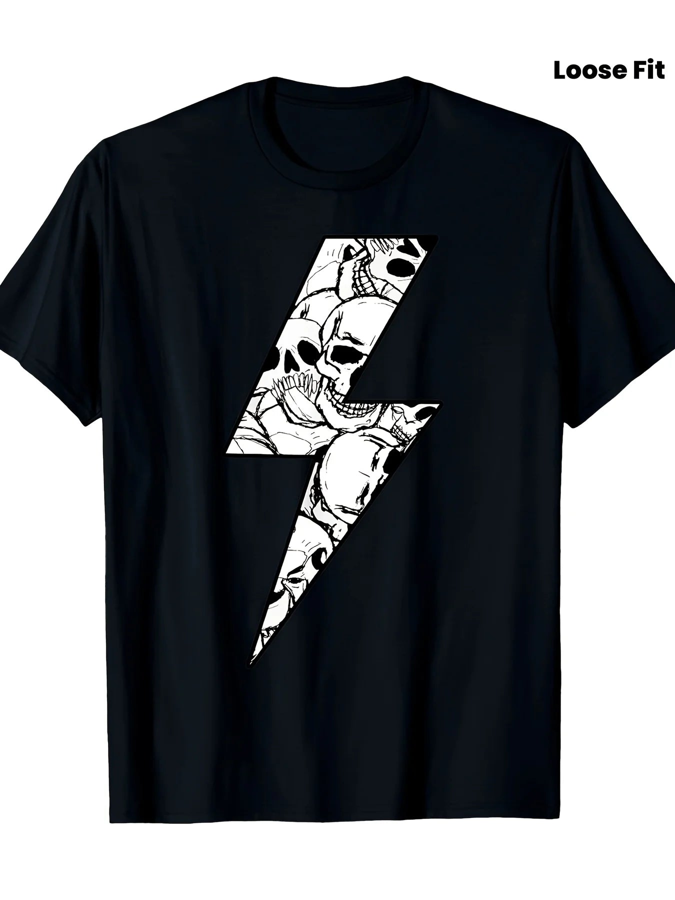 Men's Skull And Lightning Bolt Graphic TShirt Breathable Loose Fit Crew Neck Tee Black with White Skull And Bolt Print Machine Washable Summer Casual Shirt Perfect Gift for Men Sku FRetro Casual Short-sleeved T-shirt with a Round Neck and Printed