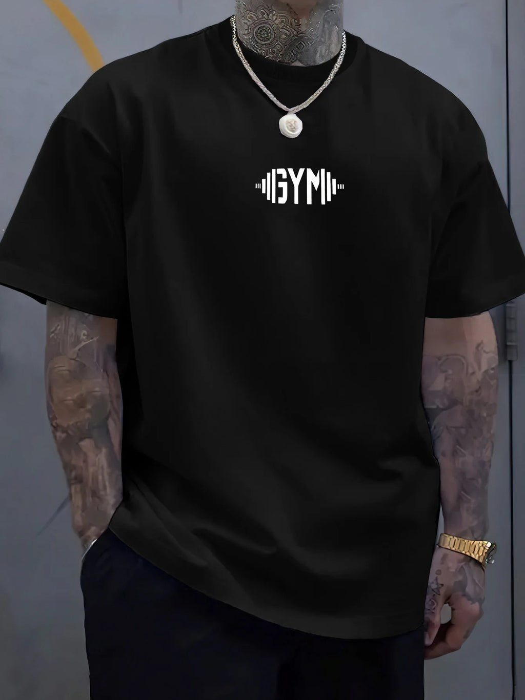 Sporty Men's Black Graphic T-Shirt Gym Barbell Bold Letter Print Fitness Workout Minimalist Typography Strength Training Statement Design 100% Cotton Heavyweight Short Sleeve Casual Streetwear Tee
