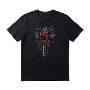 Gothic Rose Cross Men's Graphic TShirt, 100% Cotton Short Sleeve Soft Top, Vintage Artistic Graphic Print Design, for Daily Wear, Streetwear, Outdoor, Birthday Gift, Gift for Men, Women and Friends
