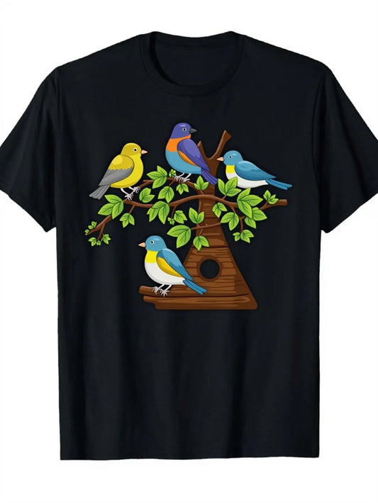 Vintage Men's Black Graphic T-Shirt Colorful Birds Tree Branch Birdhouse Nature Illustration Print 100% Cotton Heavyweight Short Sleeve Casual Streetwear Tee