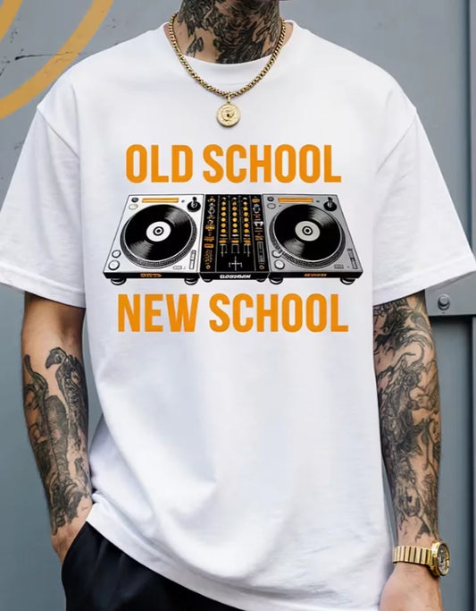 Old School New School DJ T-shirts White Round-neck T-shirts with Tops Suitable Very Suitable for Hip-hop Retro Enthusiasts Men's