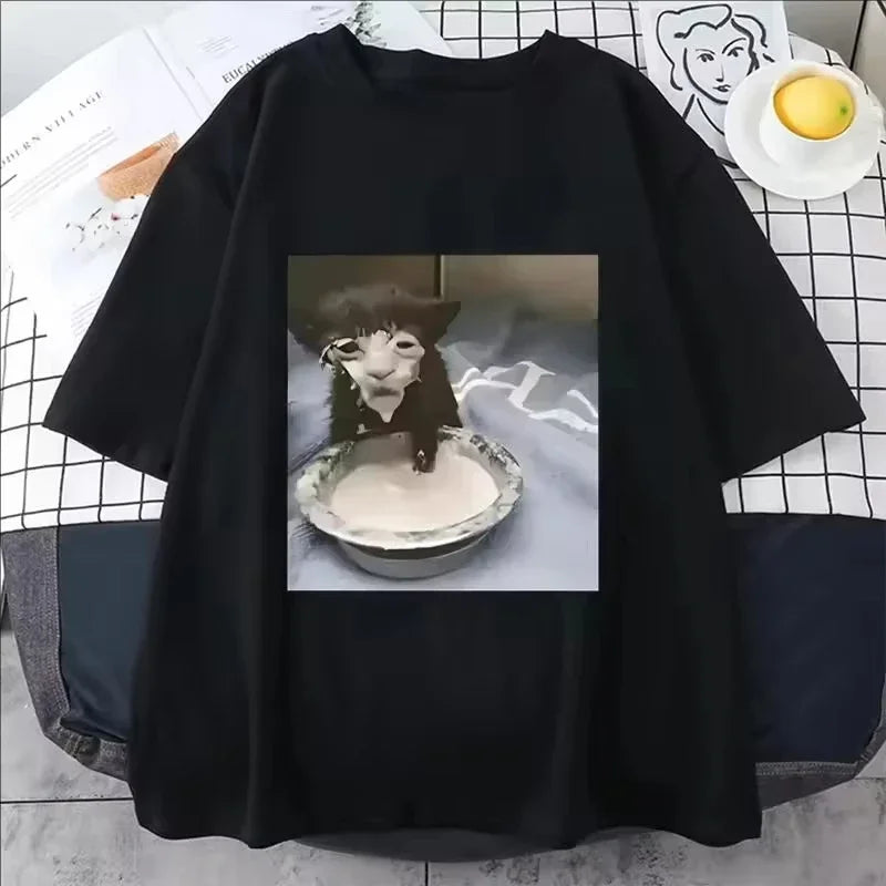 Men Women Milk Face Cat Meme Print T Shirt Humor Funny Cat Graphic T-Shirts Fashion Trend Quality Cotton Hot Sale Streetwear