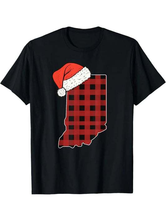 Trendy Men's Black Graphic T-Shirt Santa Hat Buffalo Plaid State Outline Holiday Winter Graphic 100% Cotton Heavyweight Short Sleeve Casual Streetwear Tee