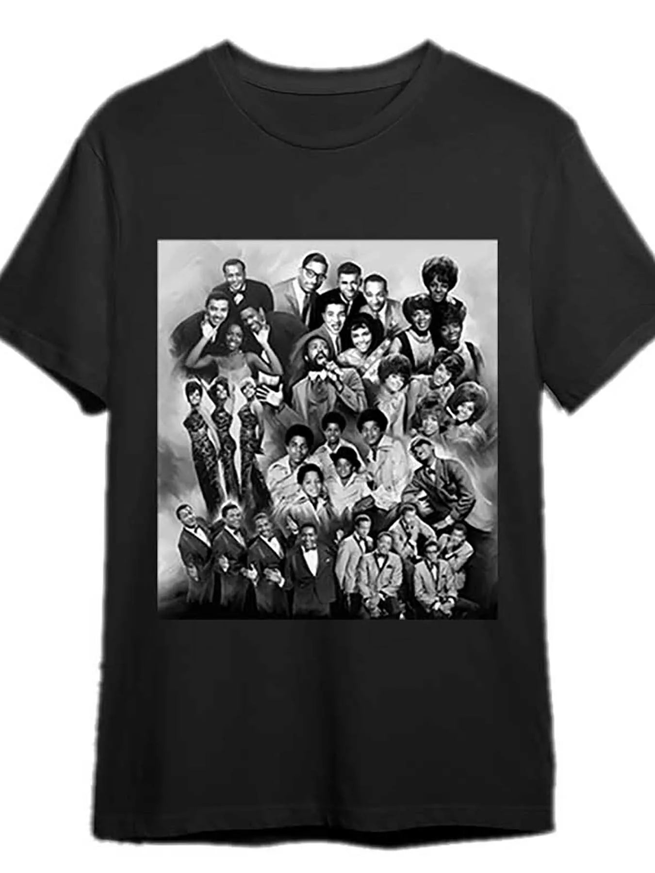 Classic Men'S Short Sleeve Graphic Oversize T-Shirt from Motown, Featuring a Nostalgic Collage of Artists. Made Of, This Black Casual Fit Shirt Is Machine Washable And Has a Medium Weight of 180G/M2. It Has a Round Neck And a Smooth Texture