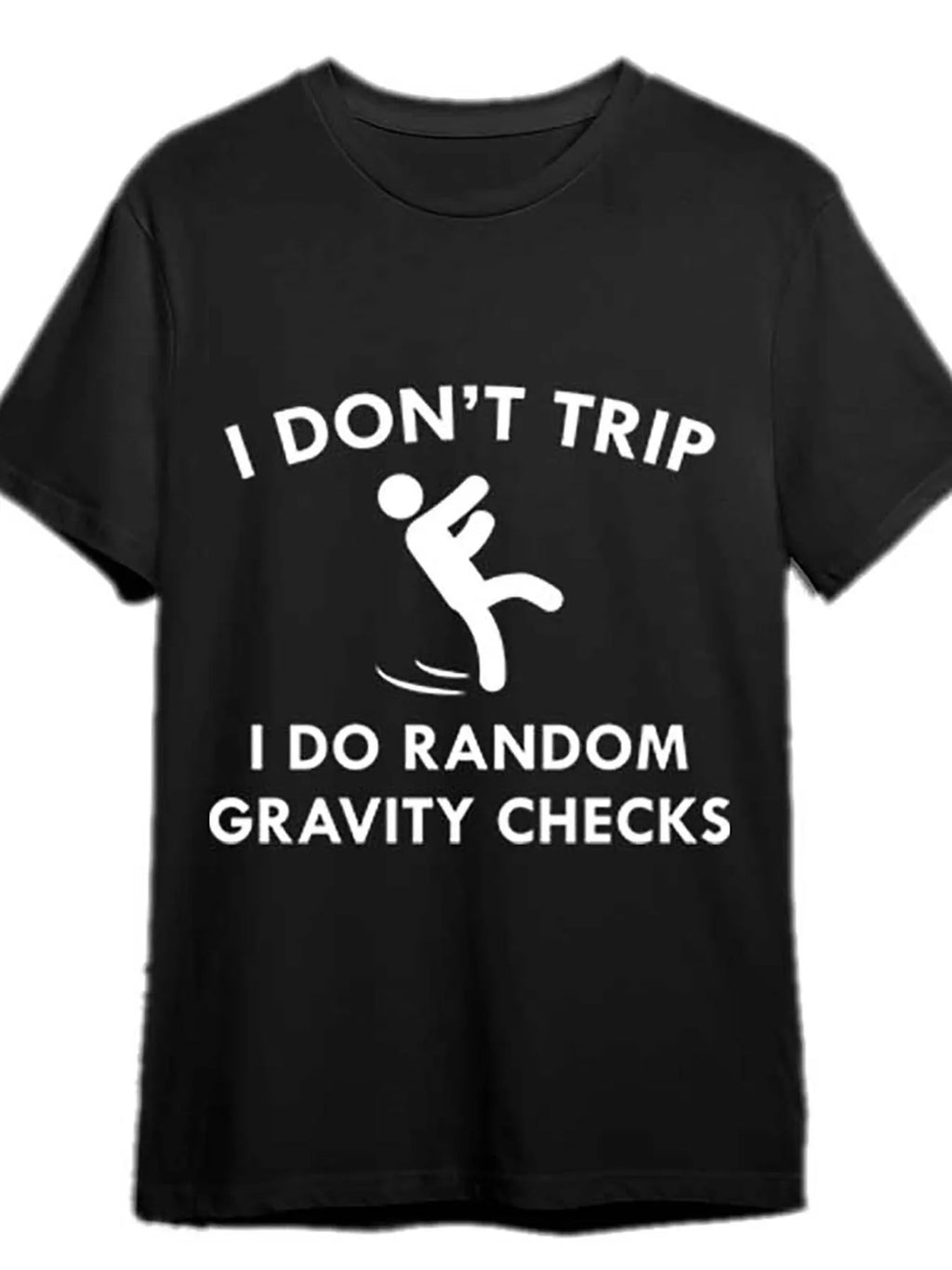 Funny Men's Black Graphic T-Shirt Random Gravity Checks Falling Stick Figure Bold Letter Print 100% Cotton Heavyweight Short Sleeve Casual Streetwear Tee