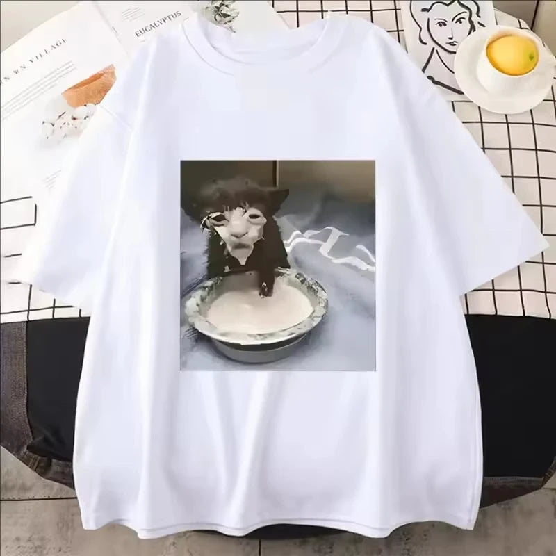 Men Women Milk Face Cat Meme Print T Shirt Humor Funny Cat Graphic T-Shirts Fashion Trend Quality Cotton Hot Sale Streetwear