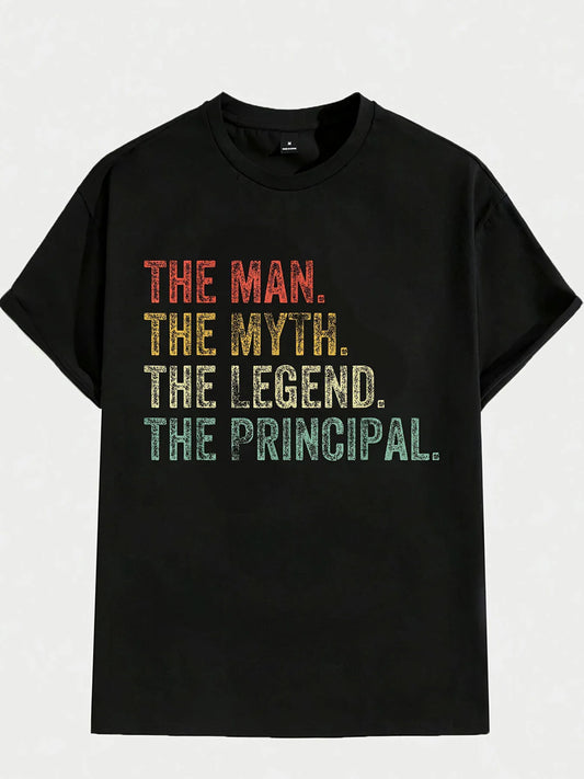 Vintage Men's Black Graphic T-Shirt Distressed the Man the Myth the Legend the Principal Bold Letter Print 100% Cotton Heavyweight Short Sleeve Casual Streetwear Tee