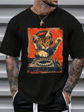 Men's Retro Cat DJ Graphic T-Shirt - 180g Heavyweight Tee with DJ Cat and Vinyl Record Design, Breathable All-Season Comfort, S-XXL Sizes, Casual and Music Party Shirt for Men, Machine Washable Loose Fit Round Neck
