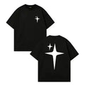 Men's Pure Cotton Casual 4-Pointed Star Pattern Shortsleeve Round Neck Streetwear Top, Bold Letter Print with Cross Star Accents, Breathable Regular Fit, Machine Washable Menswear for Summer Daily Use