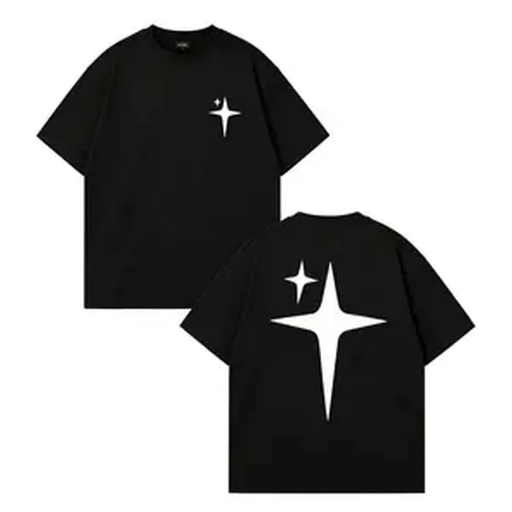 Men's Pure Cotton Casual 4-Pointed Star Pattern Shortsleeve Round Neck Streetwear Top, Bold Letter Print with Cross Star Accents, Breathable Regular Fit, Machine Washable Menswear for Summer Daily Use