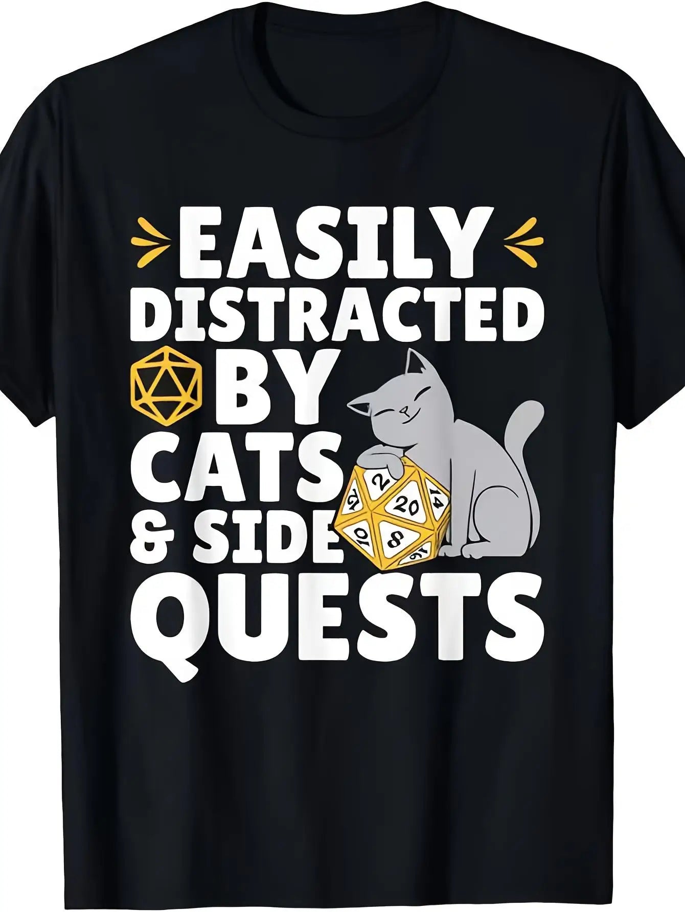 A Humorous T-Shirt for RPG Gamers Featuring Easily Distracted Cats And a D20 Design, Made from Soft And Breathable Material. This Lightweight Unisex Casual Shirt Is Perfect for D&D Fans And Tabletop RPG Lovers, Plus Size