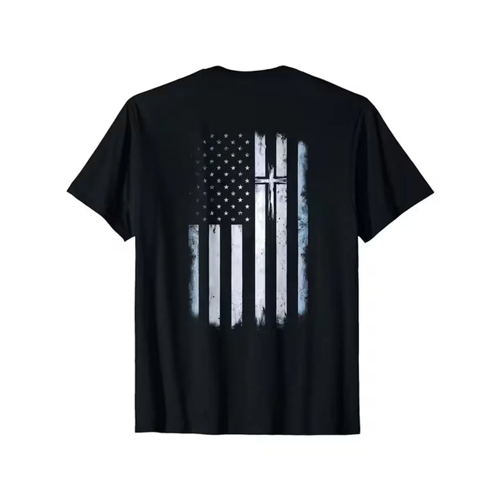 item picture mens christian t shirt with american flag cross back print black cotton church shirt for religious events comfortable casual tee with christian cross design short sleeve apparel