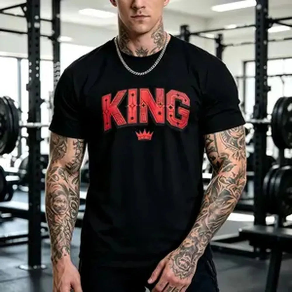 Men’s Loose-Fitting Short Sleeve KING Graphic Gym T-Shirt - 100% Pure Cotton, Foldable, Machine Washable, Bold Crown Print, Round Neck, Black & White Options, All Seasons, Custom-Made Urban Faith Sporty Chic Streetwear Top