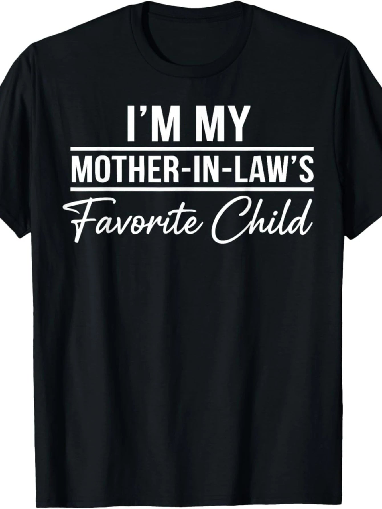 [Plus Size Pattern T-Shirt] Women's Black Short Sleeve T-Shirt- Bold "I Am My Mother-in-Law's Favorite" and Smooth "Favorite Child" Text Design, Round Neck, Suitable for Daily Casual Wear, Perfect Gift for Family Members, PLUS SIZE