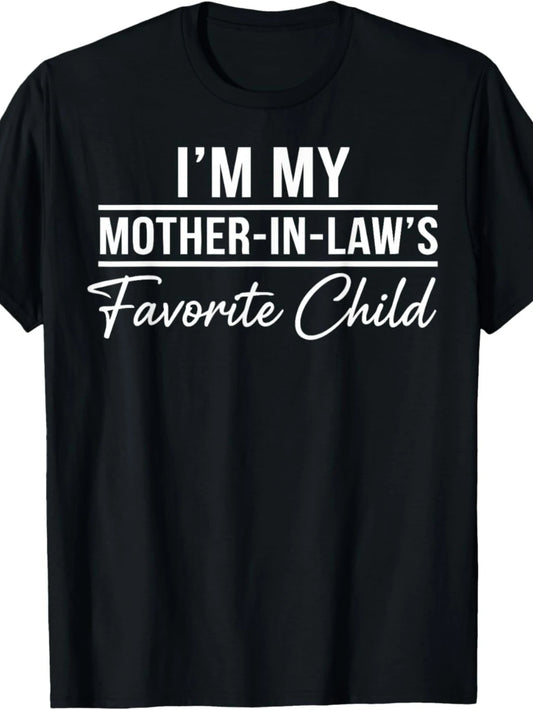 [Plus Size Pattern T-Shirt] Women's Black Short Sleeve T-Shirt- Bold "I Am My Mother-in-Law's Favorite" and Smooth "Favorite Child" Text Design, Round Neck, Suitable for Daily Casual Wear, Perfect Gift for Family Members, PLUS SIZE