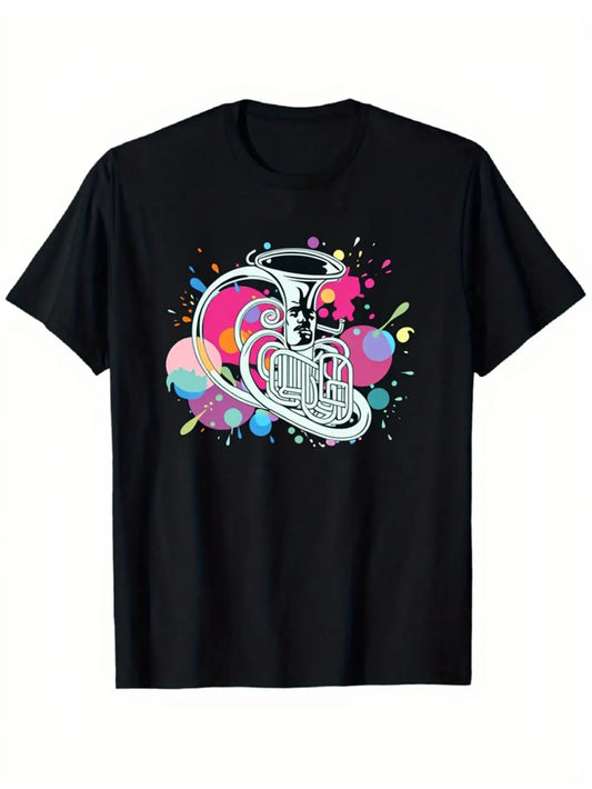Trendy Men's Black Graphic T-Shirt Tuba Horn Music Instrument Color Splash Abstract Retro Illustration 100% Cotton Heavyweight Short Sleeve Casual Streetwear Tee