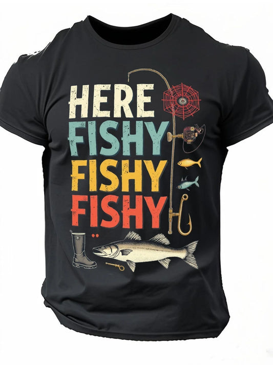 Plus-Size, Black Fishing-Themed T-Shirt Featuring a Vertical Pattern with The Colorful Text "Here Fishy Fishy Fishy" And Illustrations of Fishing Equipment Including a Fishing Rod, Reel, And Fish. Perfect for Outdoor Enthusiasts, Plus Size