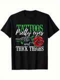 Mens Black Graphic T-Shirt - Pretty Eyes and Thick Thighs Design, 100% Cotton, Machine Washable,, Perfect Gift for Men, Women, Mom, Dad, or Friends, Unisex Clothing Rose Design Top Cotton Tshirt, PLUS SIZE