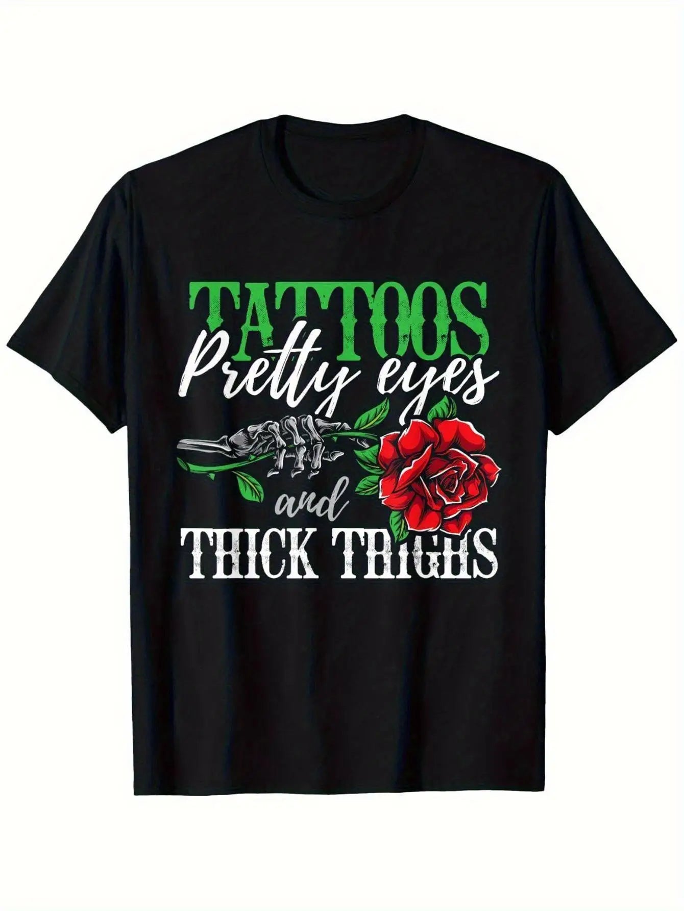 Mens Black Graphic T-Shirt - Pretty Eyes and Thick Thighs Design, 100% Cotton, Machine Washable,, Perfect Gift for Men, Women, Mom, Dad, or Friends, Unisex Clothing Rose Design Top Cotton Tshirt, PLUS SIZE