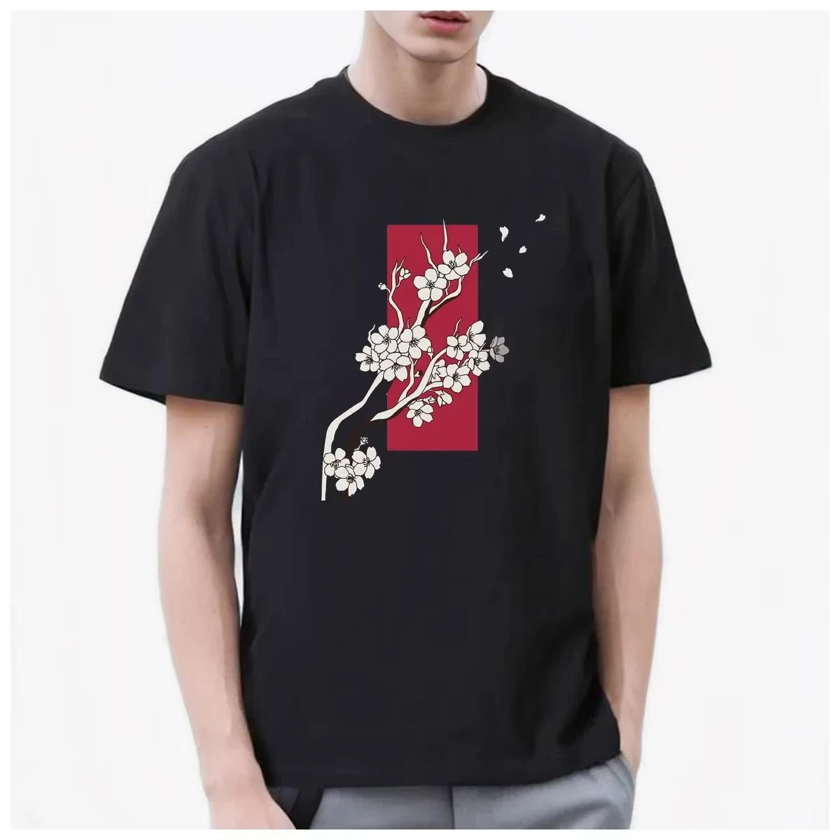 HOT SALE Dongdongjing Cherry Blossom White Crane Fan Beautiful Tee Men T Shirt Women Fashion Soft Comfortable Cotton Casual Top