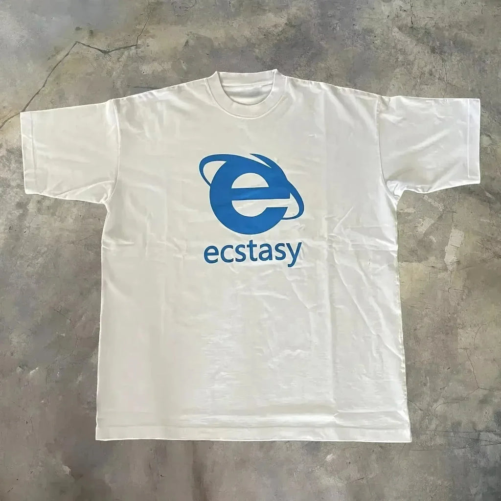 Retro style Streetwear Ecstasy New T Shirt Y2K Men's Harajuku White T-shirt Letter Pattern Printing Short-sleeved Gothic Top