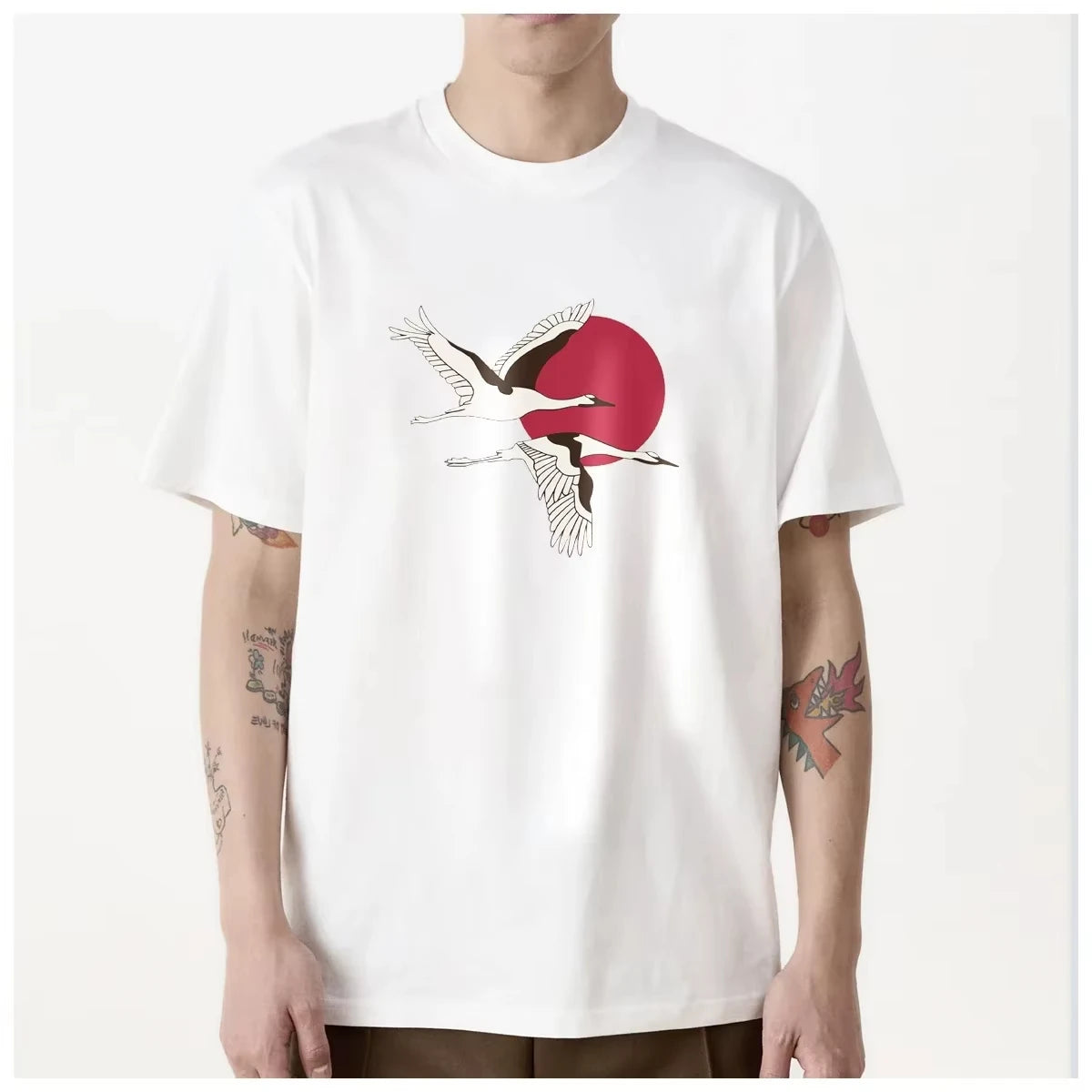 HOT SALE Dongdongjing Cherry Blossom White Crane Fan Beautiful Tee Men T Shirt Women Fashion Soft Comfortable Cotton Casual Top
