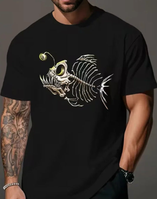 Fun Skeleton Fish Crinkle Plus Size Men's T-Shirt T-Shirt Casual Summer Short Sleeve Crewneck with Music Print Black for Adults
