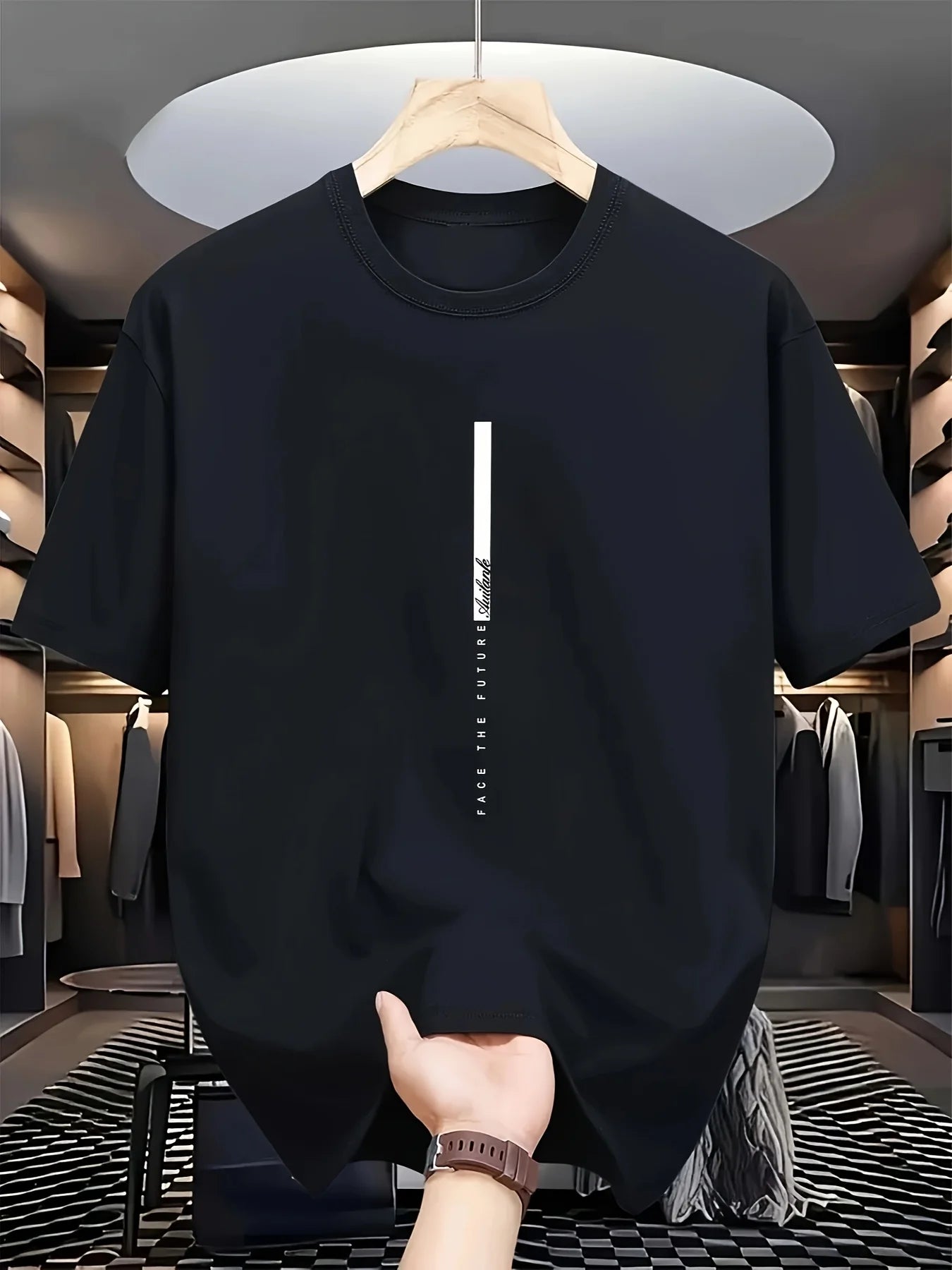 Minimalist Men's Black Graphic T-Shirt Vertical Bar Face the Future Slogan Typography Small Script Letter Print 100% Cotton Heavyweight Short Sleeve Casual Streetwear Tee