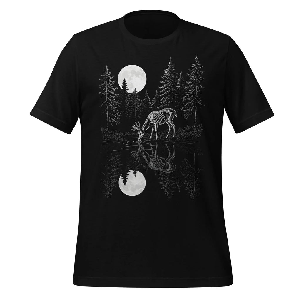 HOT SALE Moonlight Lake View Skeleton Tee - Deer Bone Forest Reflection Scene Tee Image T-shirt Graphic Fashion Casual Soft Tees