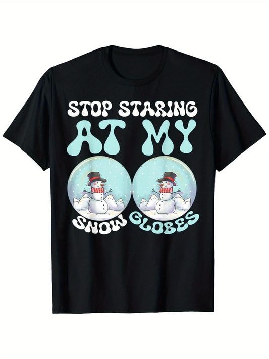 Stop Staring at My Snowballs Funny Christmas T-Shirt, Black Short Sleeve with Funny Snowman Design, Perfect Gift for Couples And Families, Machine Washable, Christmas Gift Apparel | Witty Graphic Tees | Machine Washable Tops