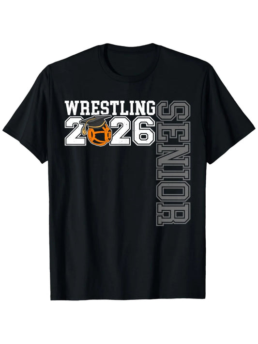 Sporty Men's Black Graphic T-Shirt Wrestling 2026 Senior Bold Letter Print Orange Headgear Number Graphic 100% Cotton Heavyweight Short Sleeve Casual Streetwear Tee