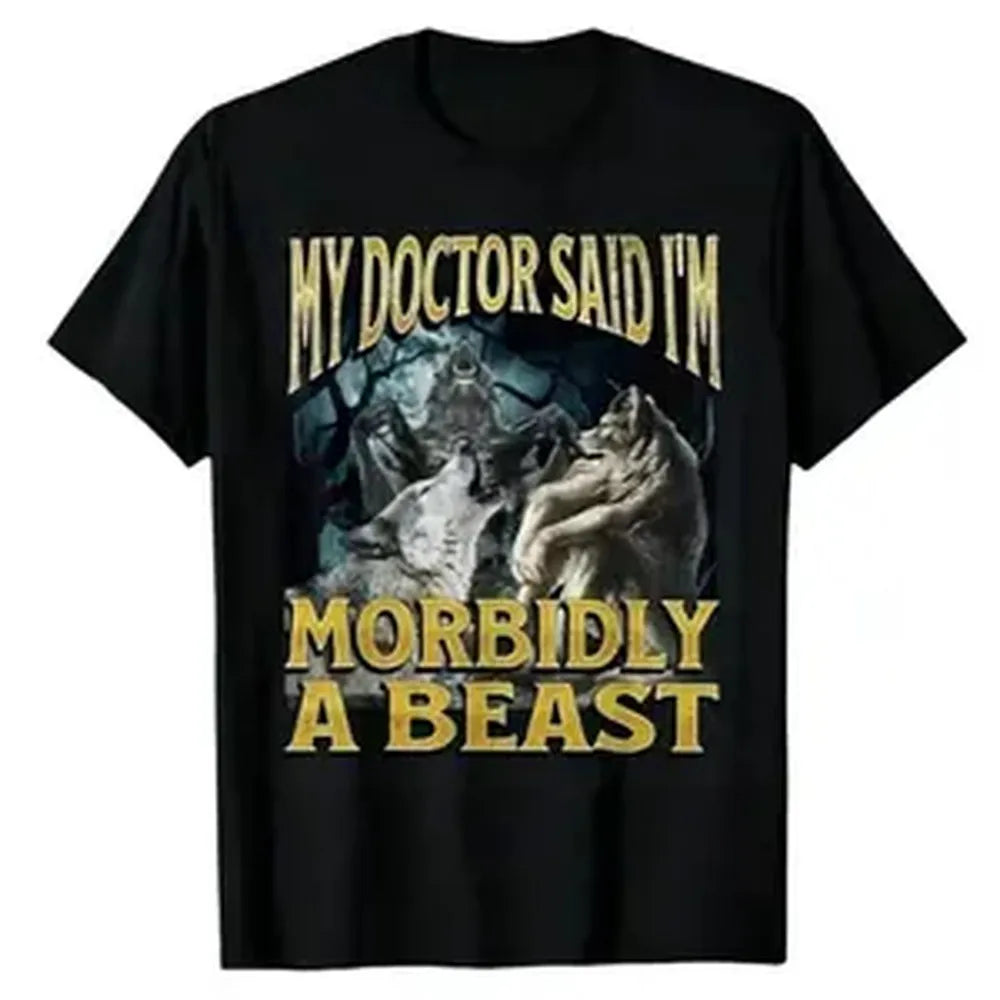 Humorous Spooky Werewolf Alpha Short Sleeve T Shirt Playful Emoji Graphic Casual Top Unisex Couple Gift Multiple Sizes Casual Outfit Good Graphic Tees Men's T Shirts Women's T Shirts 90s Graphic Tees Classic Streetwear Short Sleeve Daily Wear Gift Idea Cr